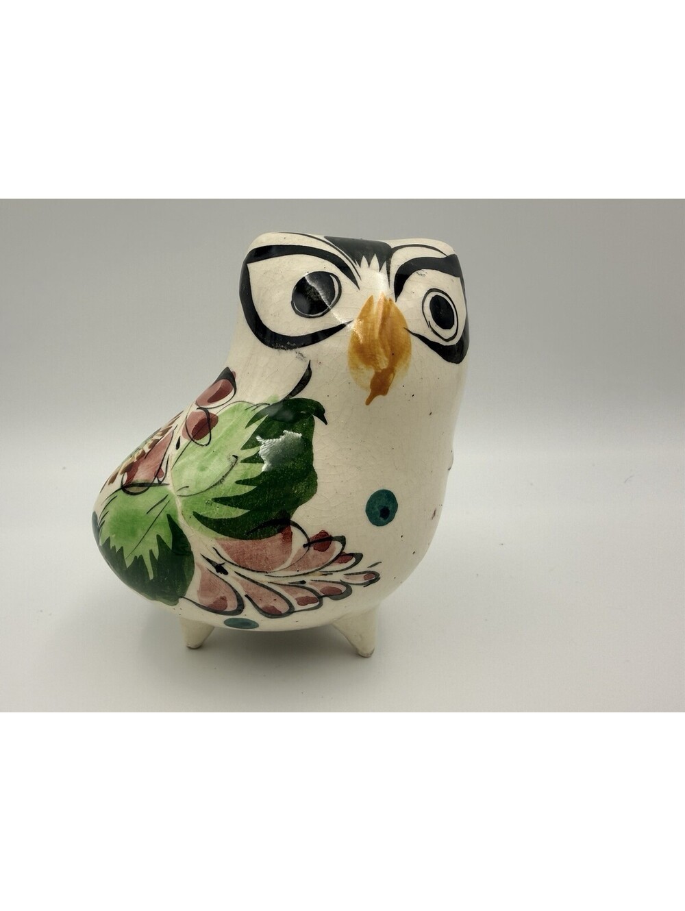 Vintage Tonala Mexican Pottery Owl Figurine Hand Painted 5" Folk Art 70s Floral